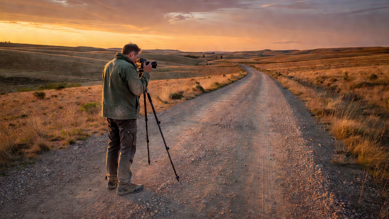 Photographer standing on a broad established path with a camera facing an evening landscape