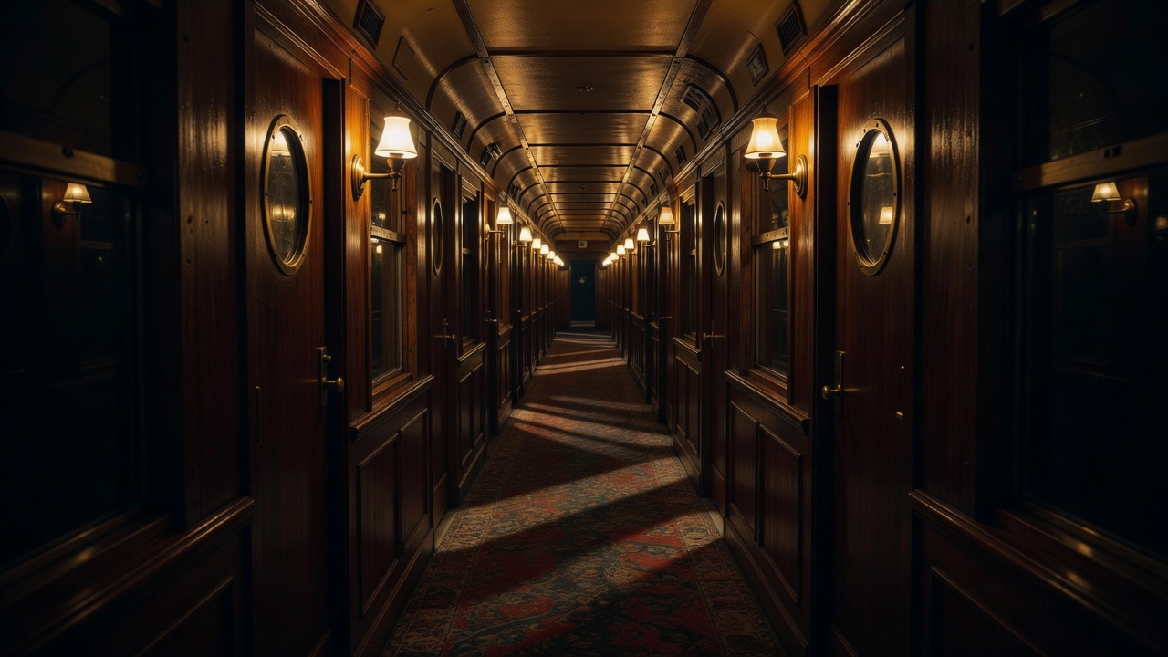 Narrow sleeper-train corridor illuminated by warm lamps after dark