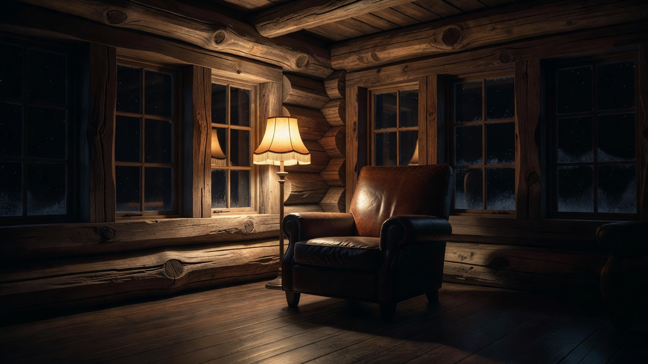Atmospheric timber lodging interior with a reading chair and warm light against dark windows